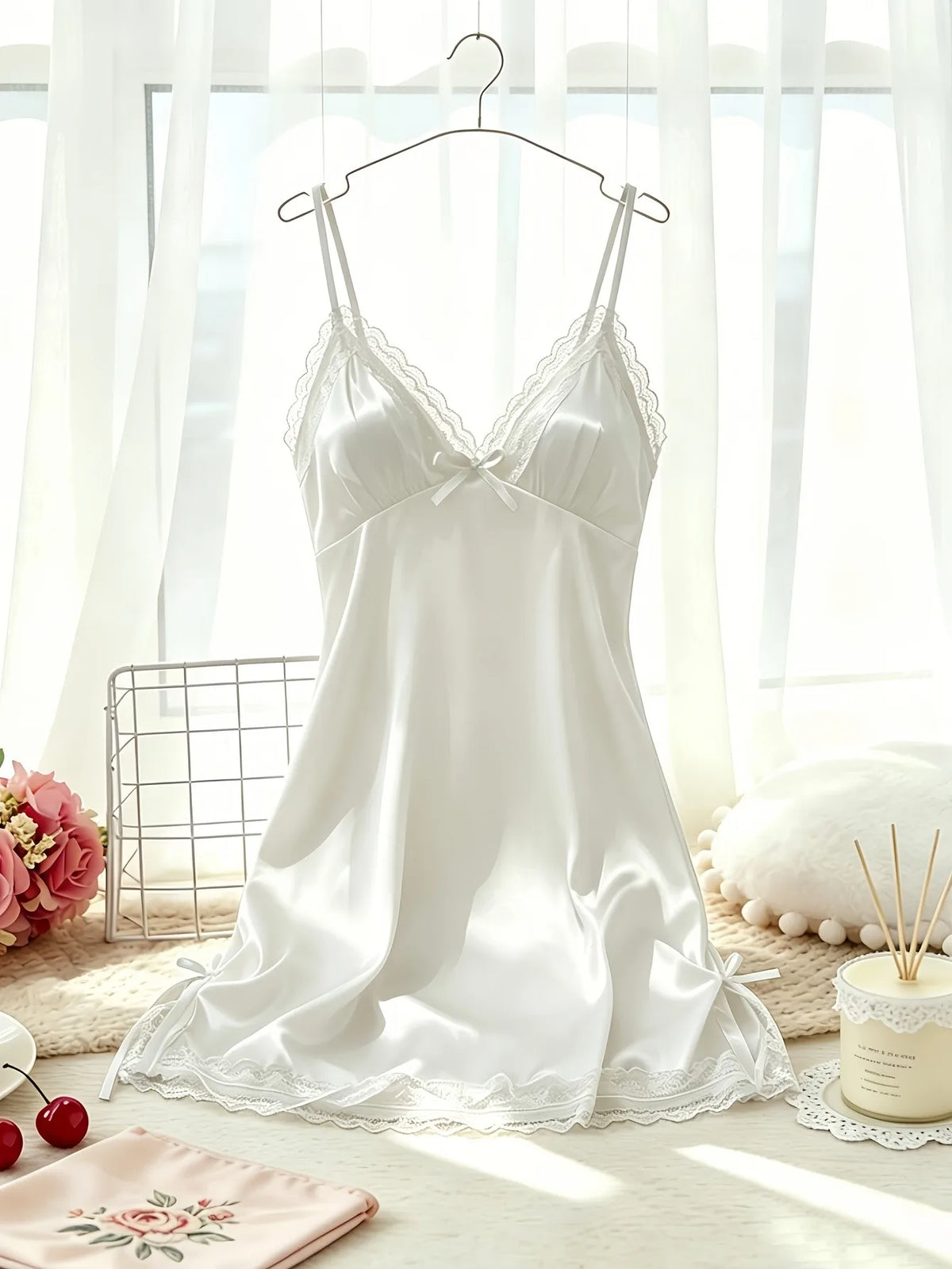 Women's Satin Cami Nightdress V Neck Lace Trim Sleepwear Spaghetti Strap Slip Dress with Bow Detail Soft Home Pajama