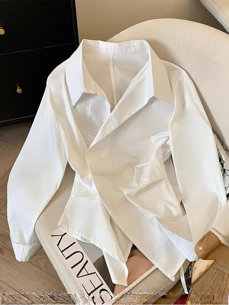 Designer Irregular Long sleeve Polo Shirt Women Tunic White Elegant Basic Top Blouse Ladies Fashion Work Wear Shirts