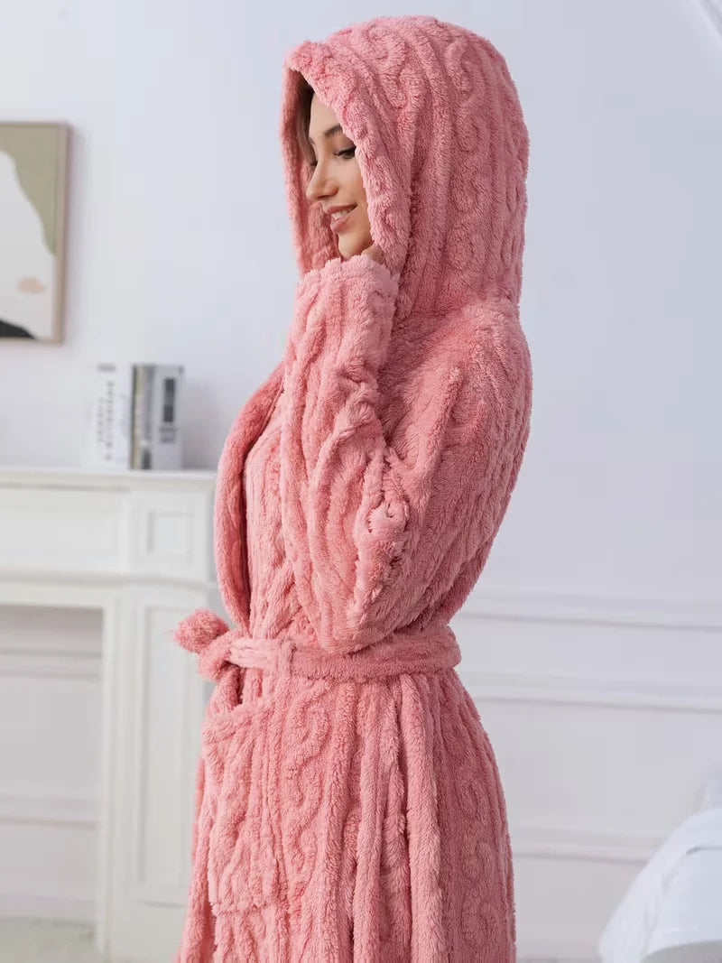 Pink Flannel Female Long Robe Lounge Wear Thicken Coral Fleece Hooded Bathrobe Gown Autumn Winter Loose Sleepwear Home Dress