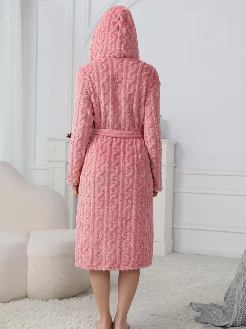 Pink Flannel Female Long Robe Lounge Wear Thicken Coral Fleece Hooded Bathrobe Gown Autumn Winter Loose Sleepwear Home Dress