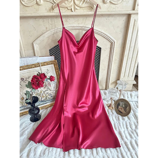 Summer New Chemise Nightgown Sexy Backless Spaghetti Strap Nightdress Sleepwear Women Loose Satin Home Wear Intimate Lingerie