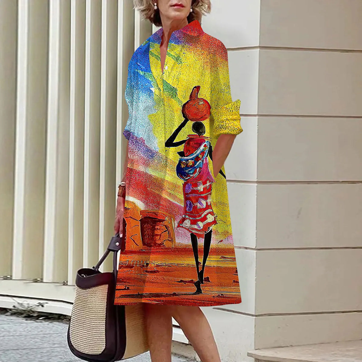 Summer New Women's Dresses Fashion Character Art Pattern Loose Large Size Casual Temperament Commuter Irregular Long Skirt Tops