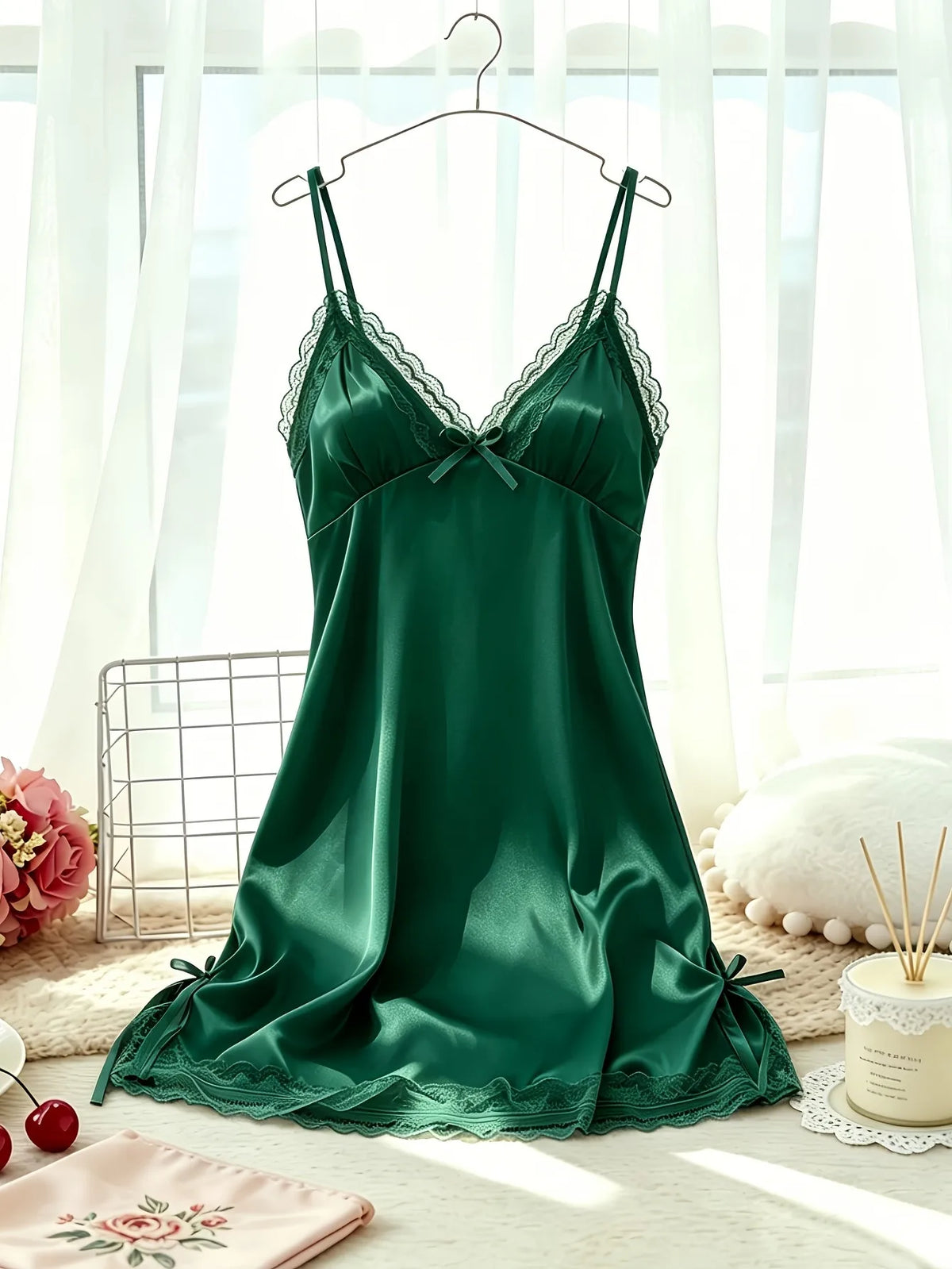 Women's Satin Cami Nightdress V Neck Lace Trim Sleepwear Spaghetti Strap Slip Dress with Bow Detail Soft Home Pajama