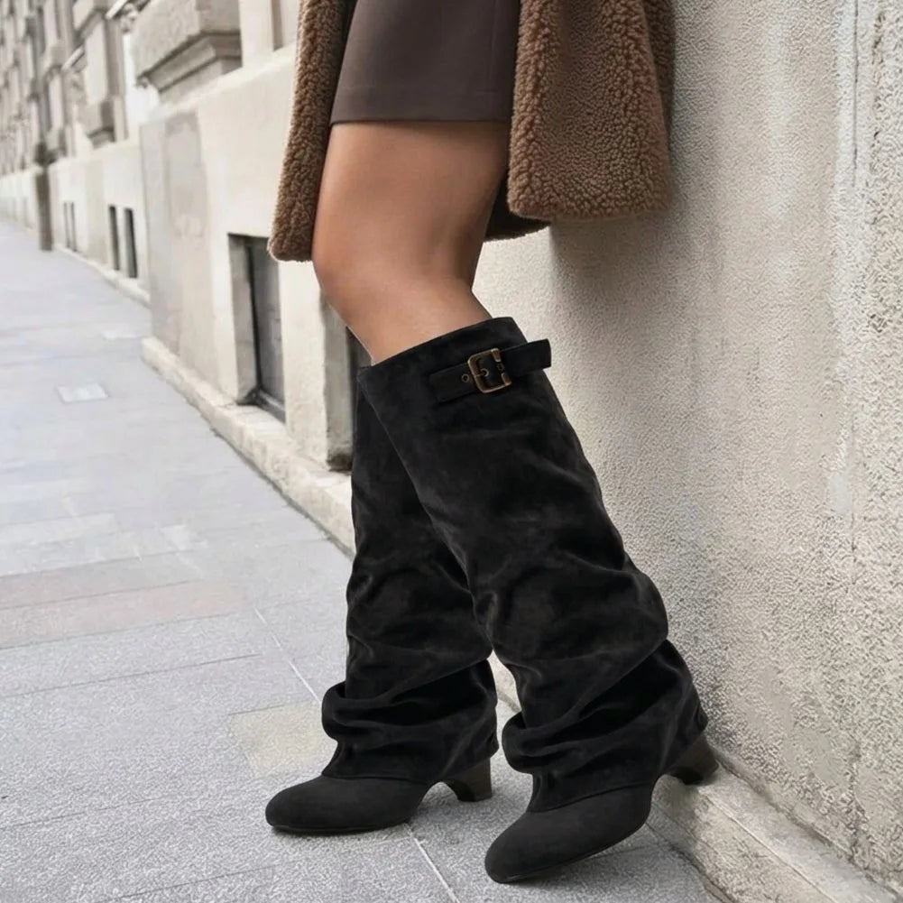 Women's Slouchy Knee High shark Boots fashion wedges high heels buckle round toe casual party pleated fall winter boots woman
