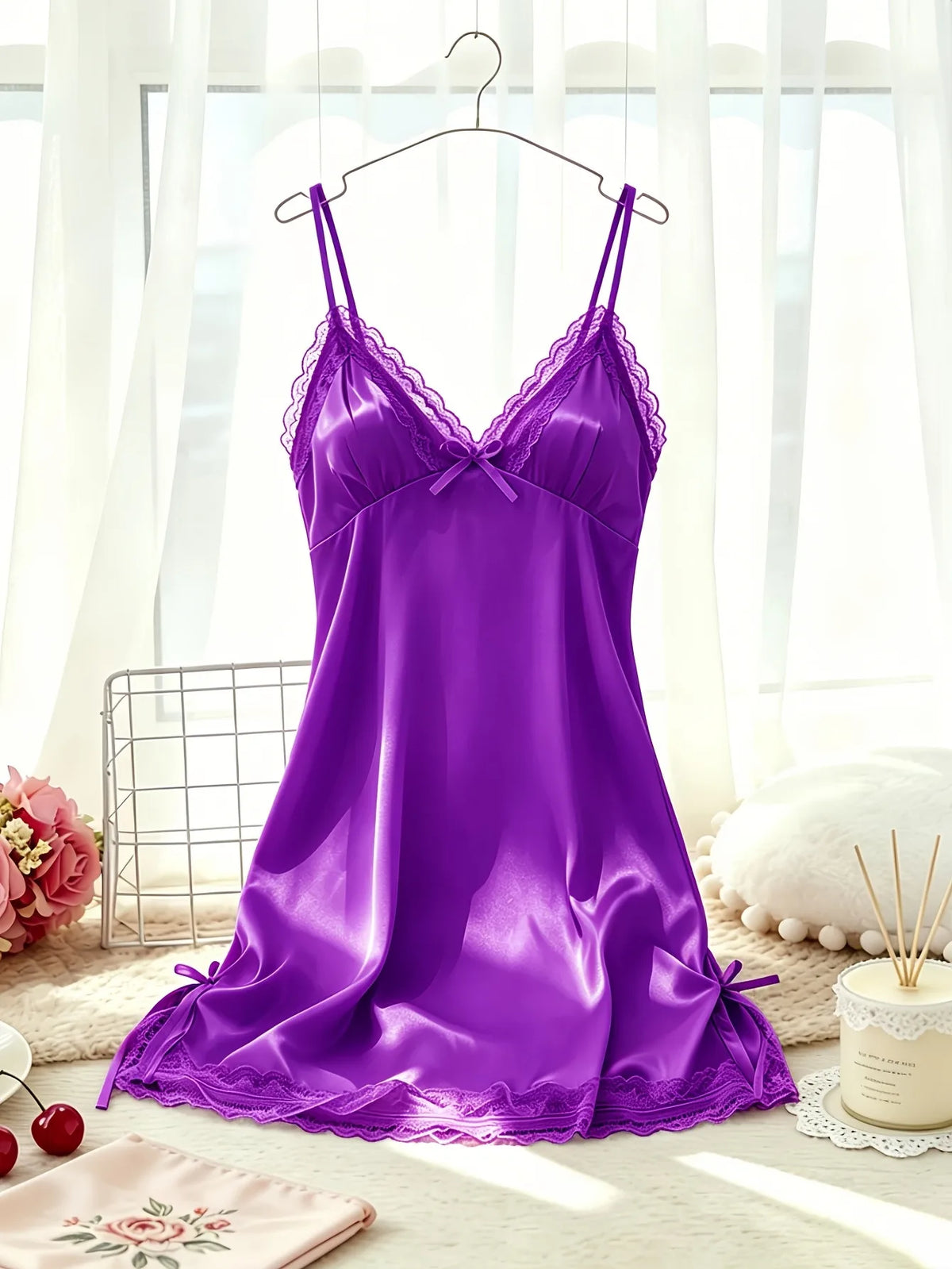 Women's Satin Cami Nightdress V Neck Lace Trim Sleepwear Spaghetti Strap Slip Dress with Bow Detail Soft Home Pajama