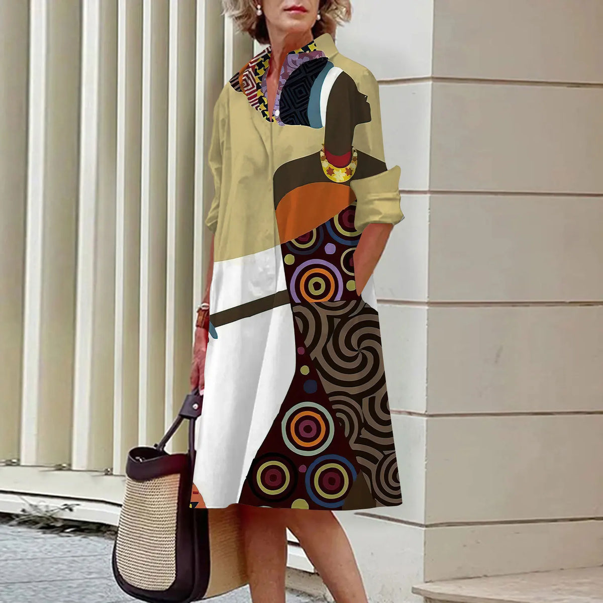 Summer New Women's Dresses Fashion Character Art Pattern Loose Large Size Casual Temperament Commuter Irregular Long Skirt Tops