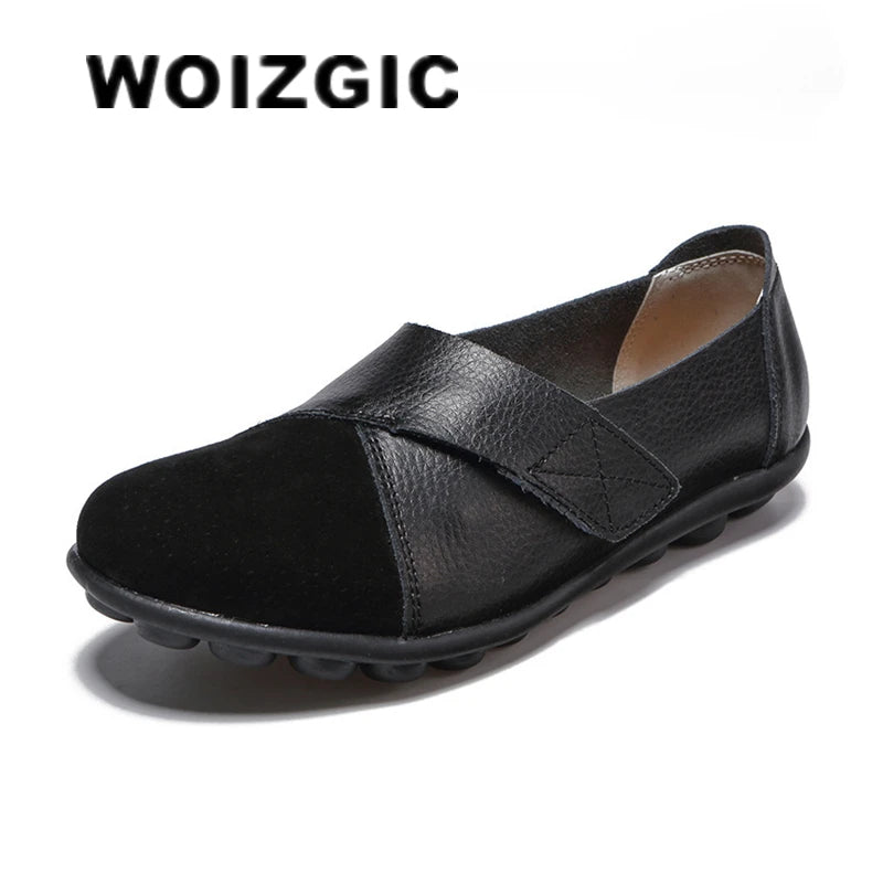 WOIZGIC Women's Female Mother Woman Genuine Leather Soft Shoes Flats Loafers Mocassin Boat Hook Loop De Mujer Big Size 42 43 44