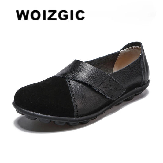 WOIZGIC Women's Female Mother Woman Genuine Leather Soft Shoes Flats Loafers Mocassin Boat Hook Loop De Mujer Big Size 42 43 44