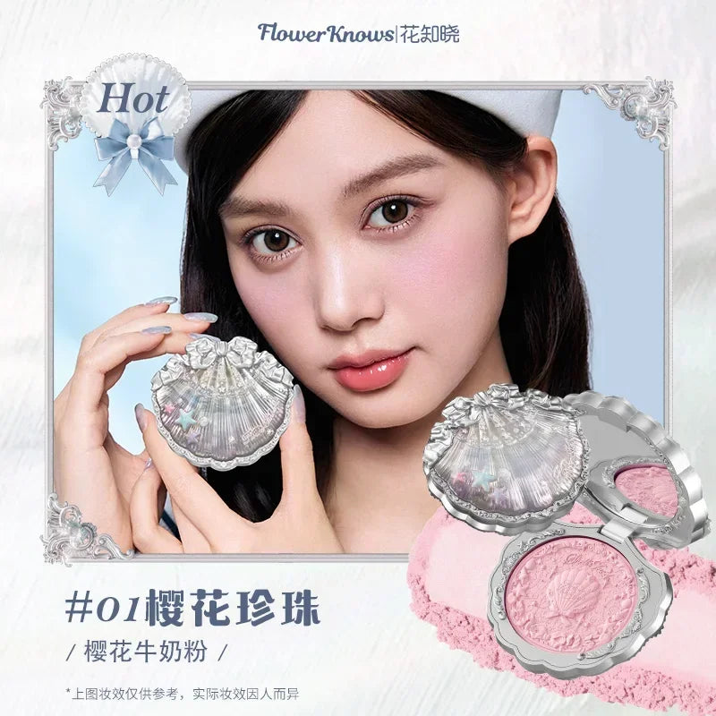 Flower Knows Shells Jewel Collection Embossed Silk Satin Blusher Expands Shrink Cheek Vintage Pearl Makeup