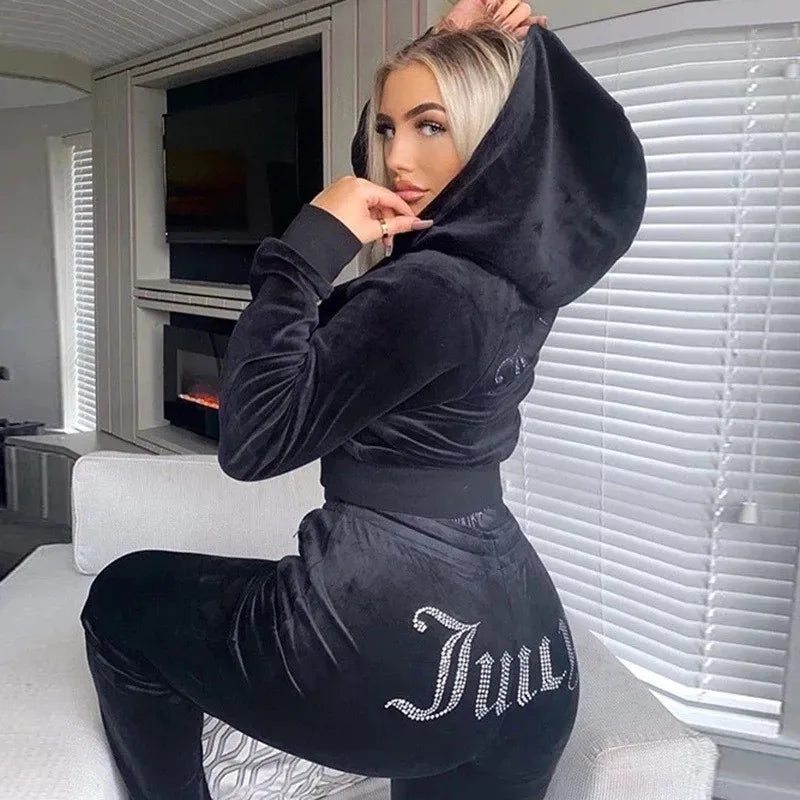 2026 New Spring And Autumn Tracksuit Women Velvet Diamond Long Sleeve Pants Hoodie  Zipper Casual Two Piece Set