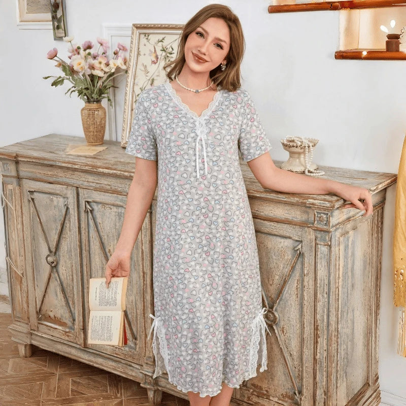 Summer Thin Nightgown Women's Loose Short-Sleeved V-Neck Dress Plus Size Home Wear Breathable and Comfortable Can Be Worn Outsid