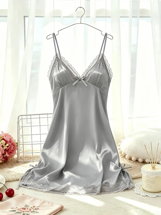 Women's Satin Cami Nightdress V Neck Lace Trim Sleepwear Spaghetti Strap Slip Dress with Bow Detail Soft Home Pajama