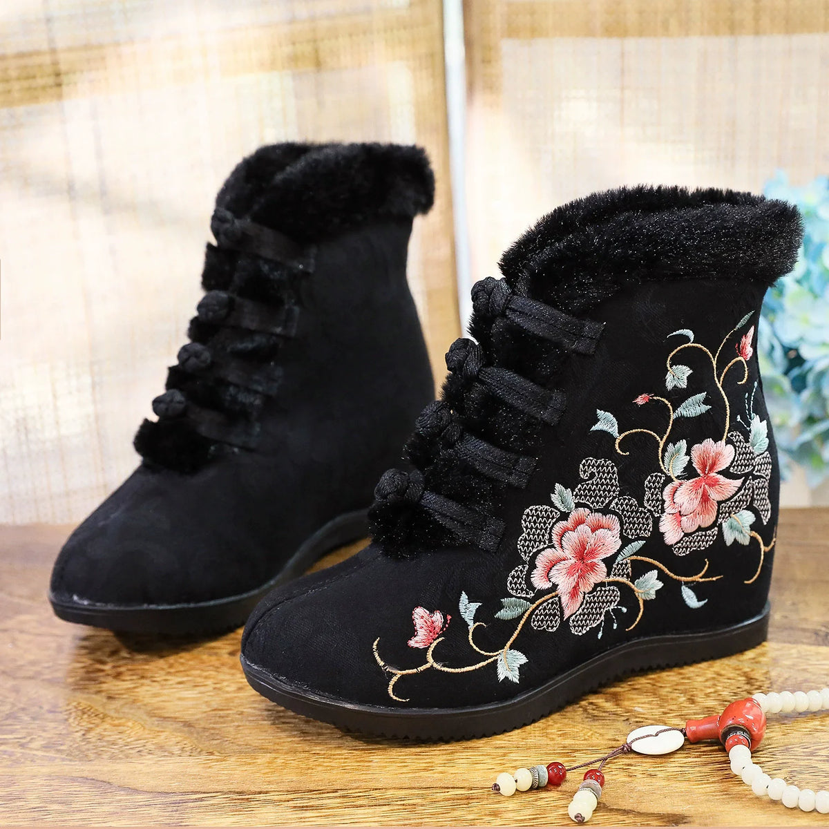 Casual Botas Mujer Embroidered Ethnic Hanfu Shoes Women Botines Ankle Boots Winter Warm Faux Fur Fairy Shoe Woman Zapatos Ladies