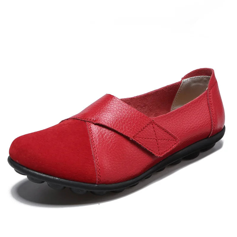 WOIZGIC Women's Female Mother Woman Genuine Leather Soft Shoes Flats Loafers Mocassin Boat Hook Loop De Mujer Big Size 42 43 44