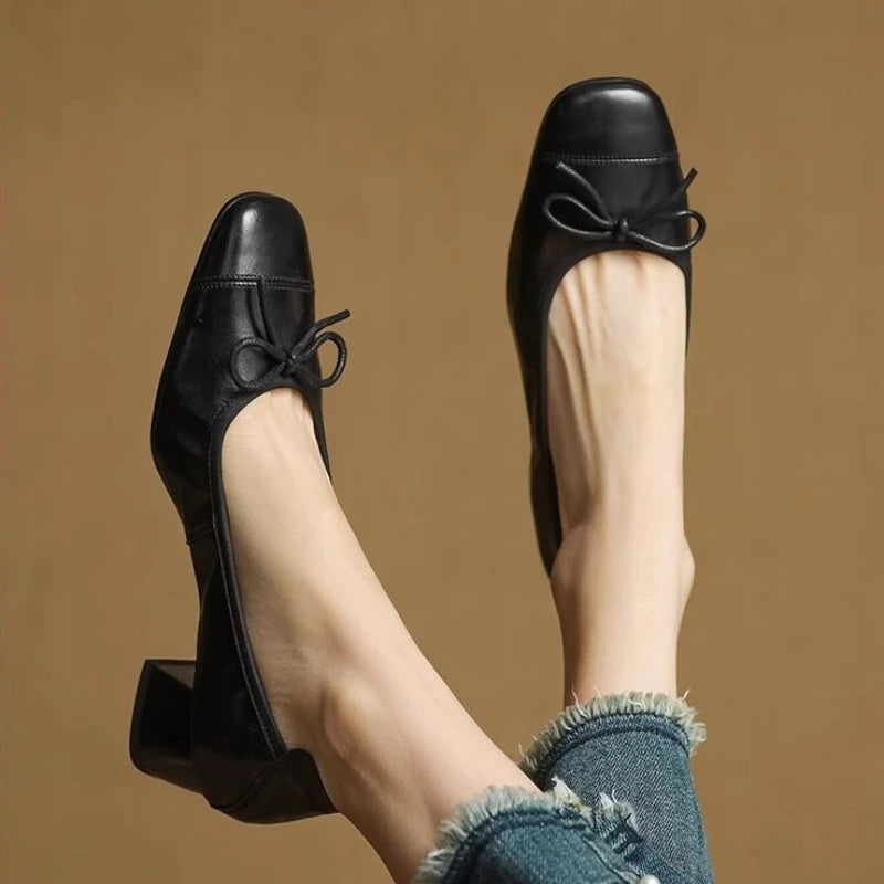 Fashionable French-style retro bow soft leather high-heeled shoes for women Spring 2026 squaretoe chunky heel sandals Size 35-42