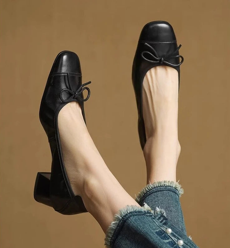 Fashionable French-style retro bow soft leather high-heeled shoes for women Spring 2026 squaretoe chunky heel sandals Size 35-42