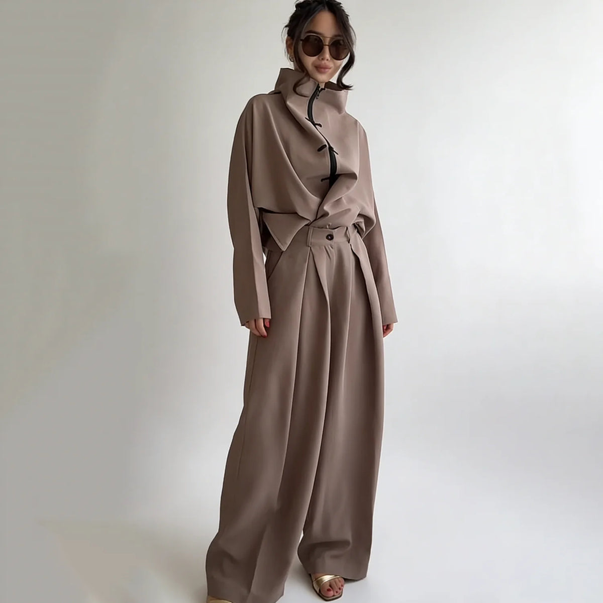 LIMO 2026 Woman Elegant Chinese Knot Two-Piece Set: High-Neck Zip Top & Wide-Leg Pants, Loose Fit for Commuting & Casual Outings