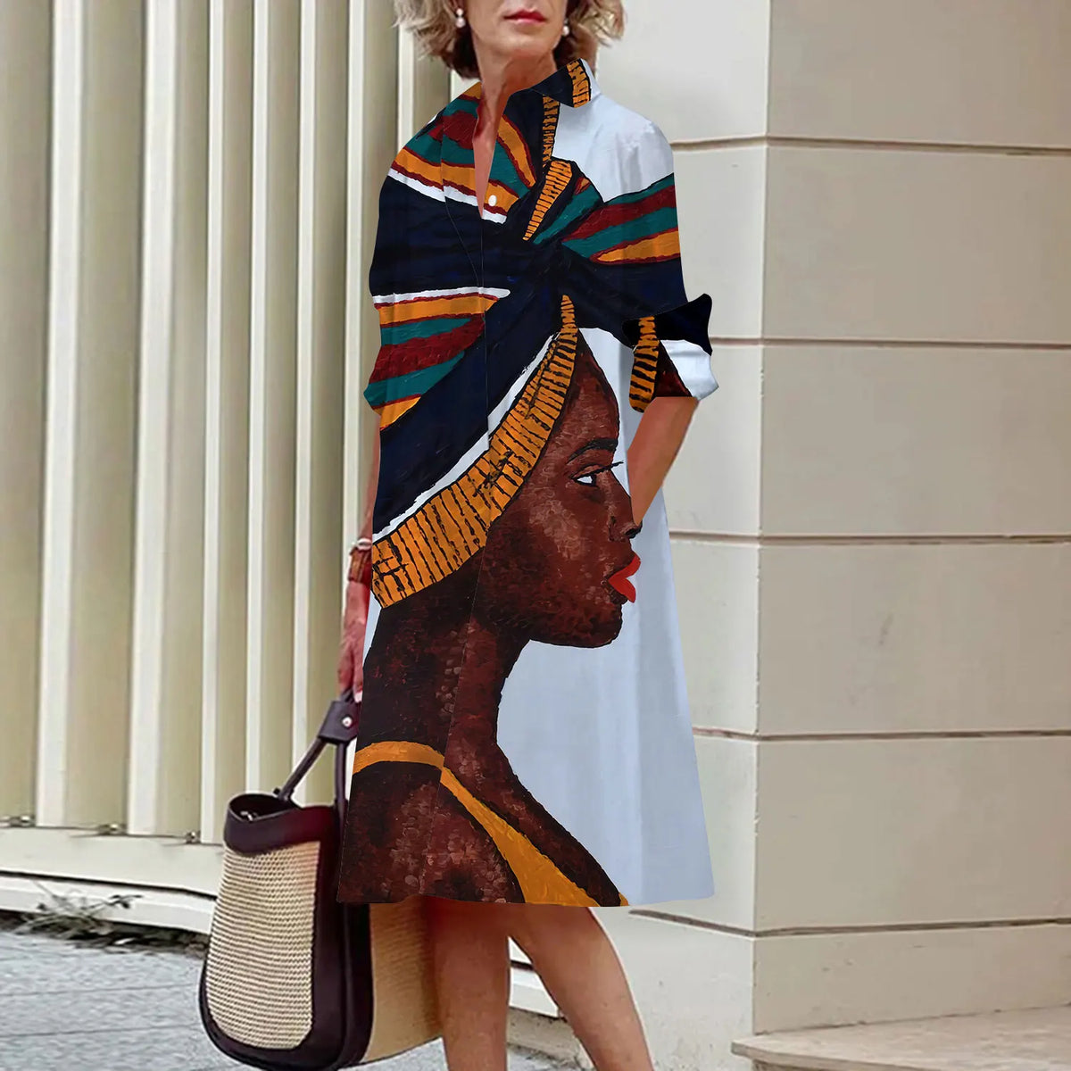Summer New Women's Dresses Fashion Character Art Pattern Loose Large Size Casual Temperament Commuter Irregular Long Skirt Tops