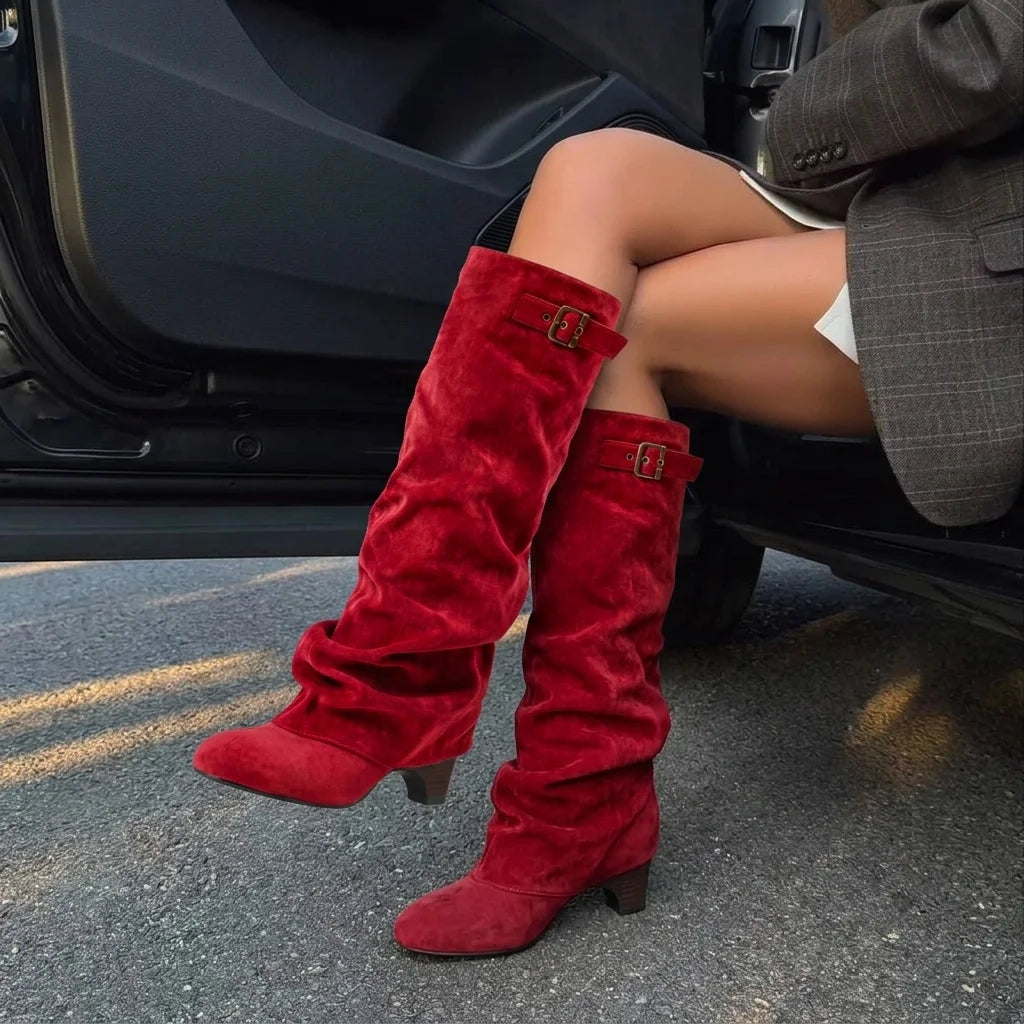 Women's Slouchy Knee High shark Boots fashion wedges high heels buckle round toe casual party pleated fall winter boots woman