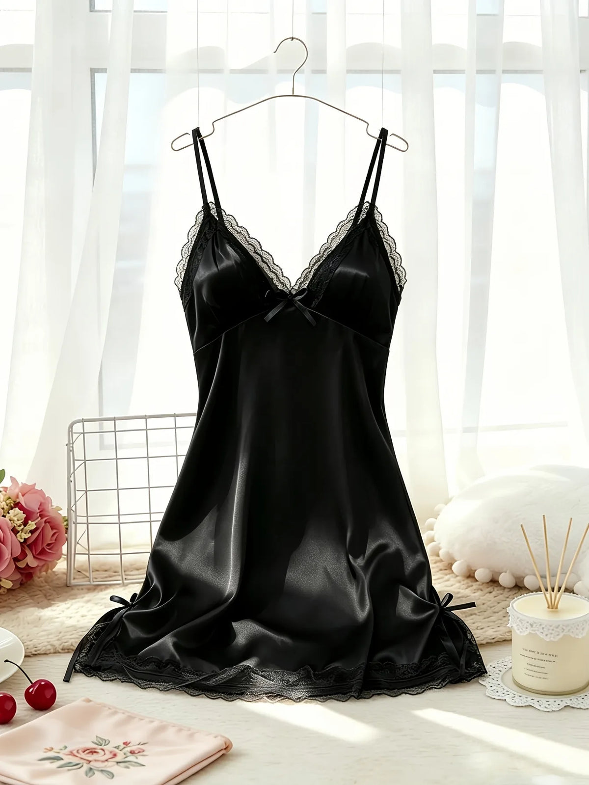 Women's Satin Cami Nightdress V Neck Lace Trim Sleepwear Spaghetti Strap Slip Dress with Bow Detail Soft Home Pajama