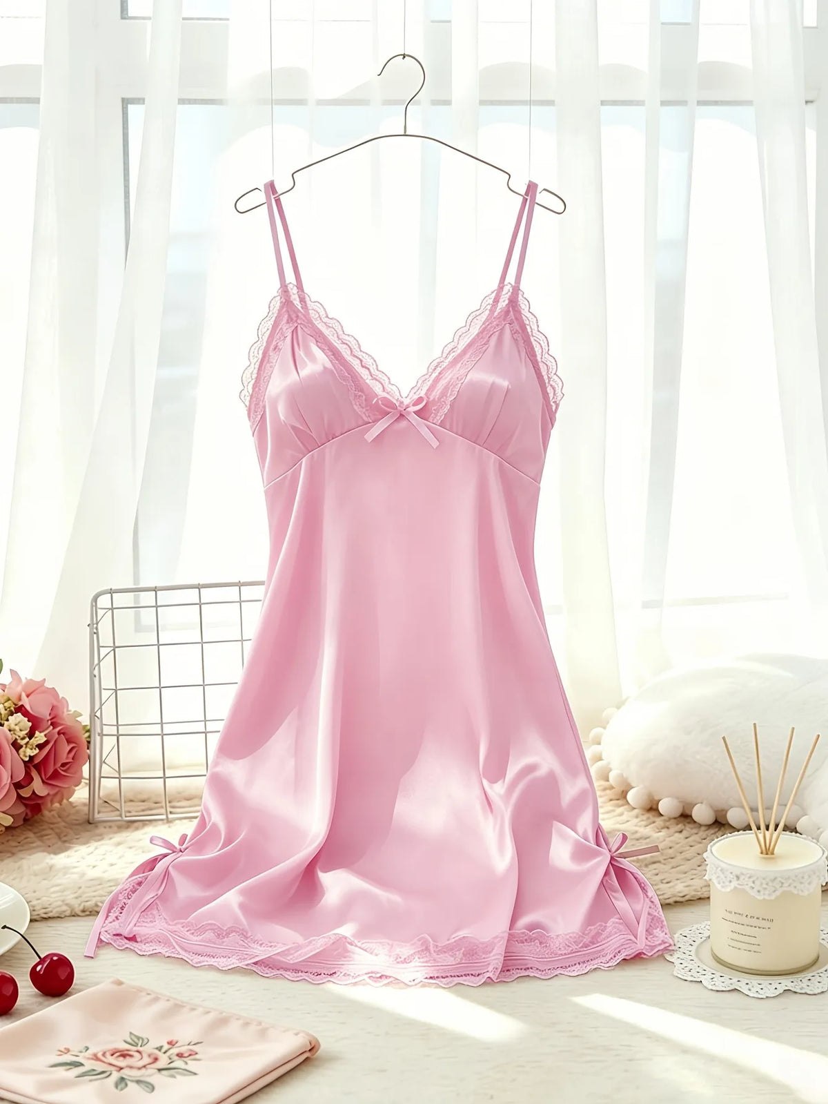 Women's Satin Cami Nightdress V Neck Lace Trim Sleepwear Spaghetti Strap Slip Dress with Bow Detail Soft Home Pajama