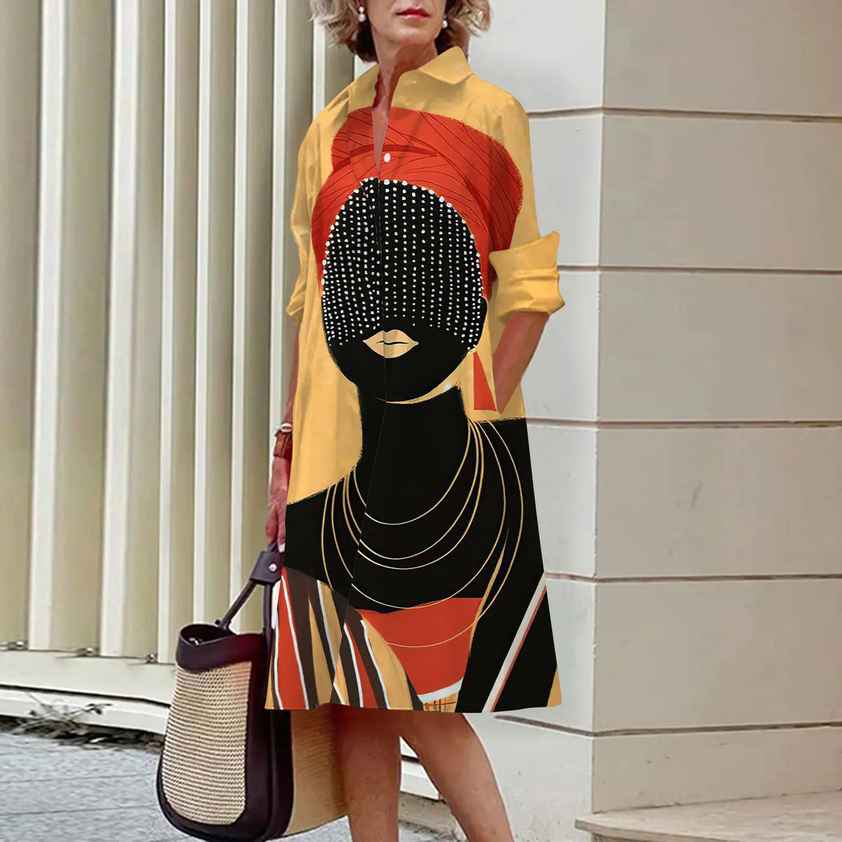 Summer New Women's Dresses Fashion Character Art Pattern Loose Large Size Casual Temperament Commuter Irregular Long Skirt Tops