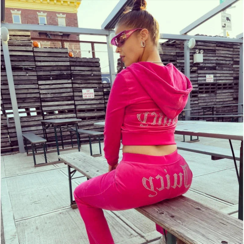 2026 New Spring And Autumn Tracksuit Women Velvet Diamond Long Sleeve Pants Hoodie  Zipper Casual Two Piece Set