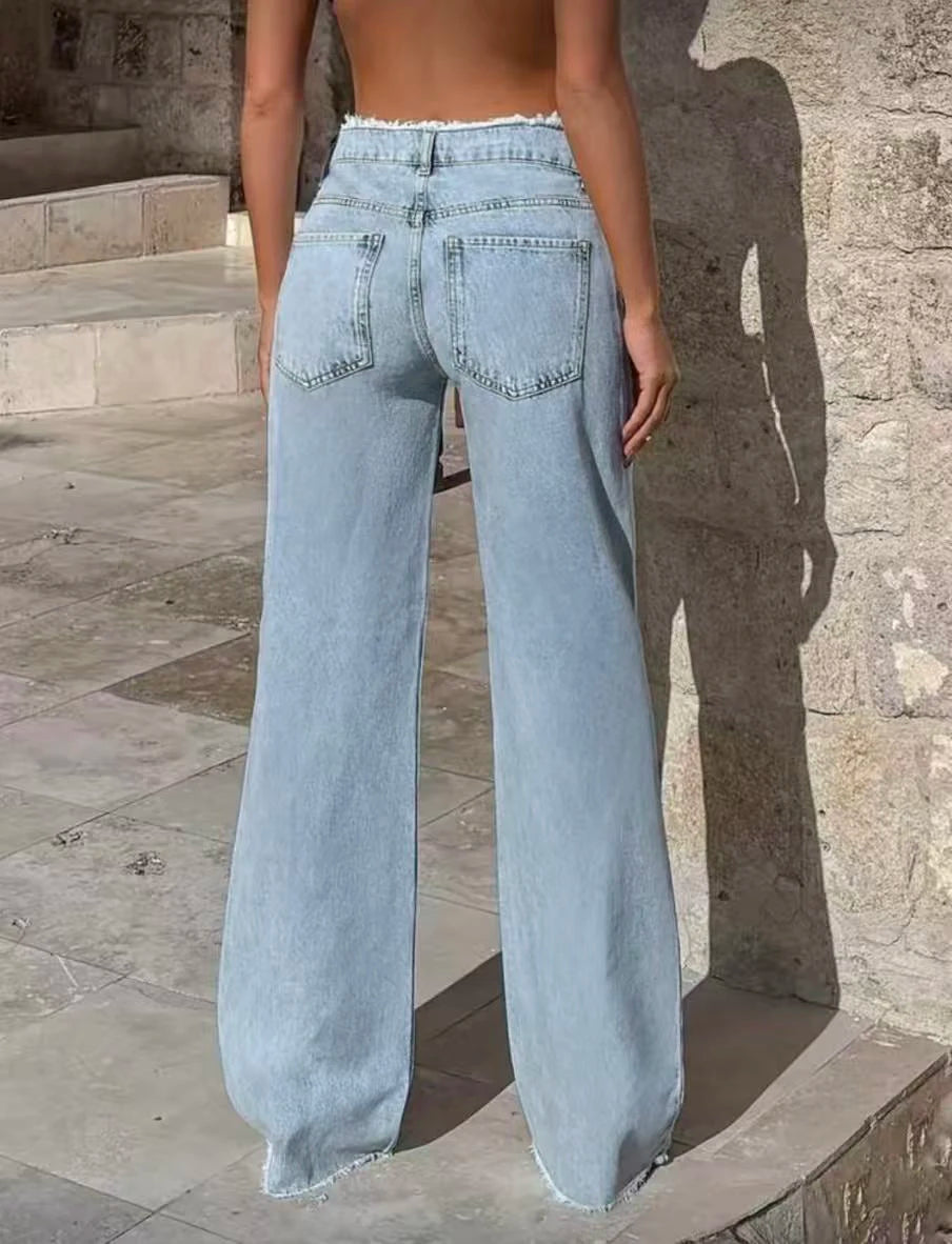 Light Blue Raw-Hem Straight-Leg Jeans for Women, High-Waisted Relaxed-Fit Full-Length Trousers with Raw Hem