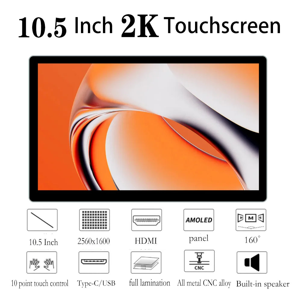 OLED Portable Monitor 10.5' 2k TouchScreen, Raspberry Pi Monitor, SRGB 100%, Dual USB-C, HDMI for Laptop Mac Phone PS4/5 Switch