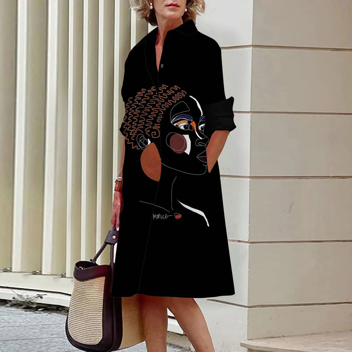 Summer New Women's Dresses Fashion Character Art Pattern Loose Large Size Casual Temperament Commuter Irregular Long Skirt Tops