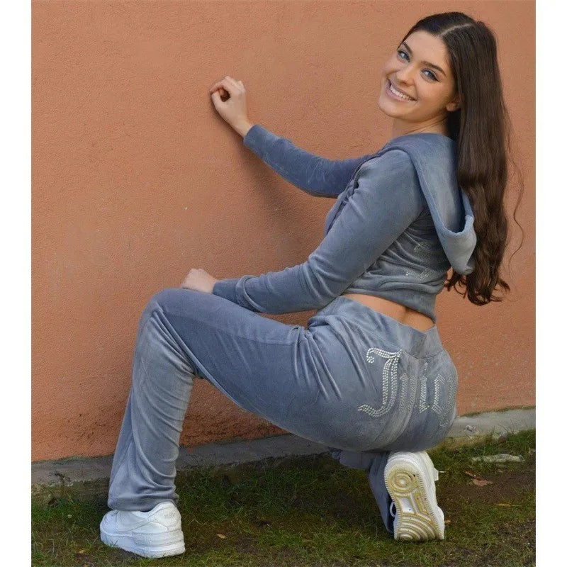 2026 New Spring And Autumn Tracksuit Women Velvet Diamond Long Sleeve Pants Hoodie  Zipper Casual Two Piece Set