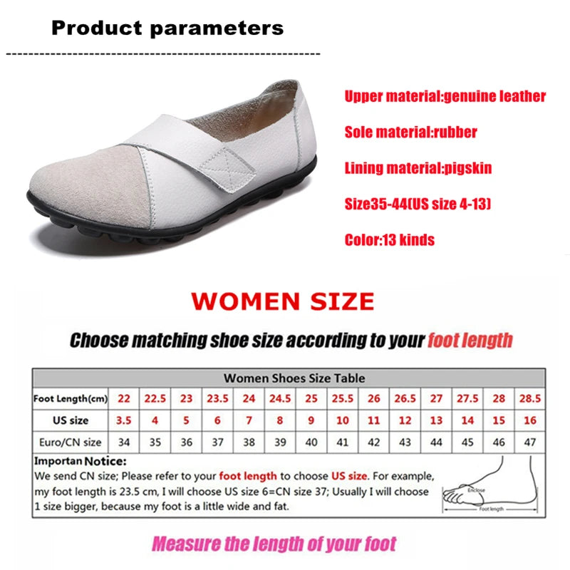 WOIZGIC Women's Female Mother Woman Genuine Leather Soft Shoes Flats Loafers Mocassin Boat Hook Loop De Mujer Big Size 42 43 44