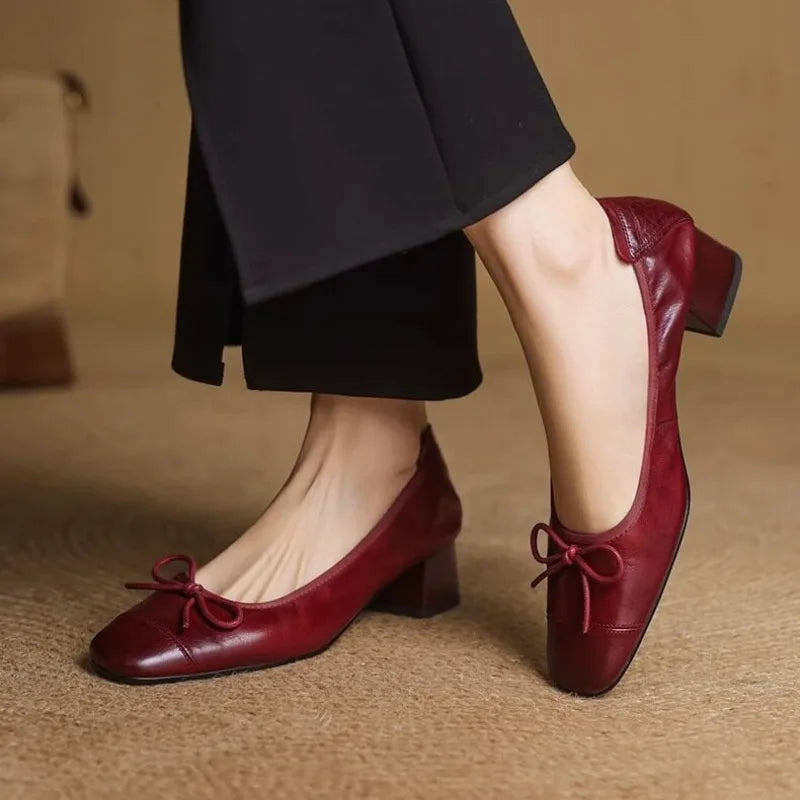 Fashionable French-style retro bow soft leather high-heeled shoes for women Spring 2026 squaretoe chunky heel sandals Size 35-42