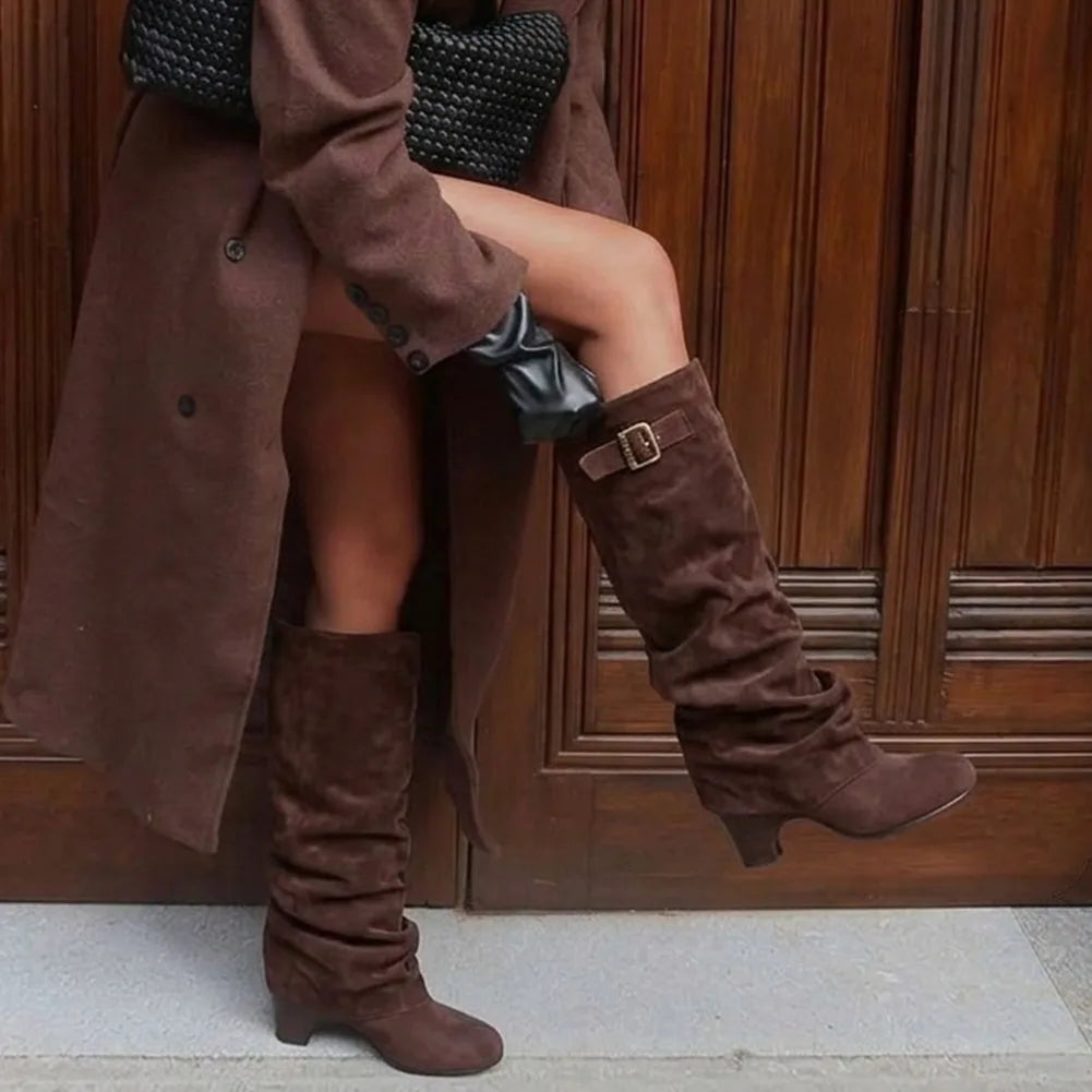 Women's Slouchy Knee High shark Boots fashion wedges high heels buckle round toe casual party pleated fall winter boots woman