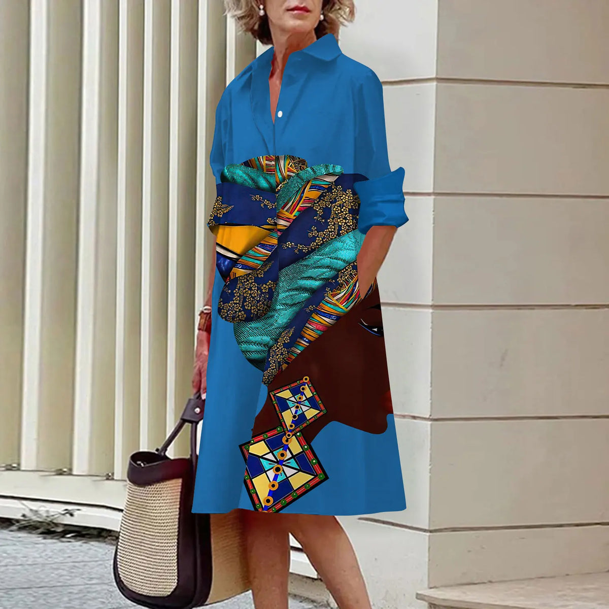 Summer New Women's Dresses Fashion Character Art Pattern Loose Large Size Casual Temperament Commuter Irregular Long Skirt Tops