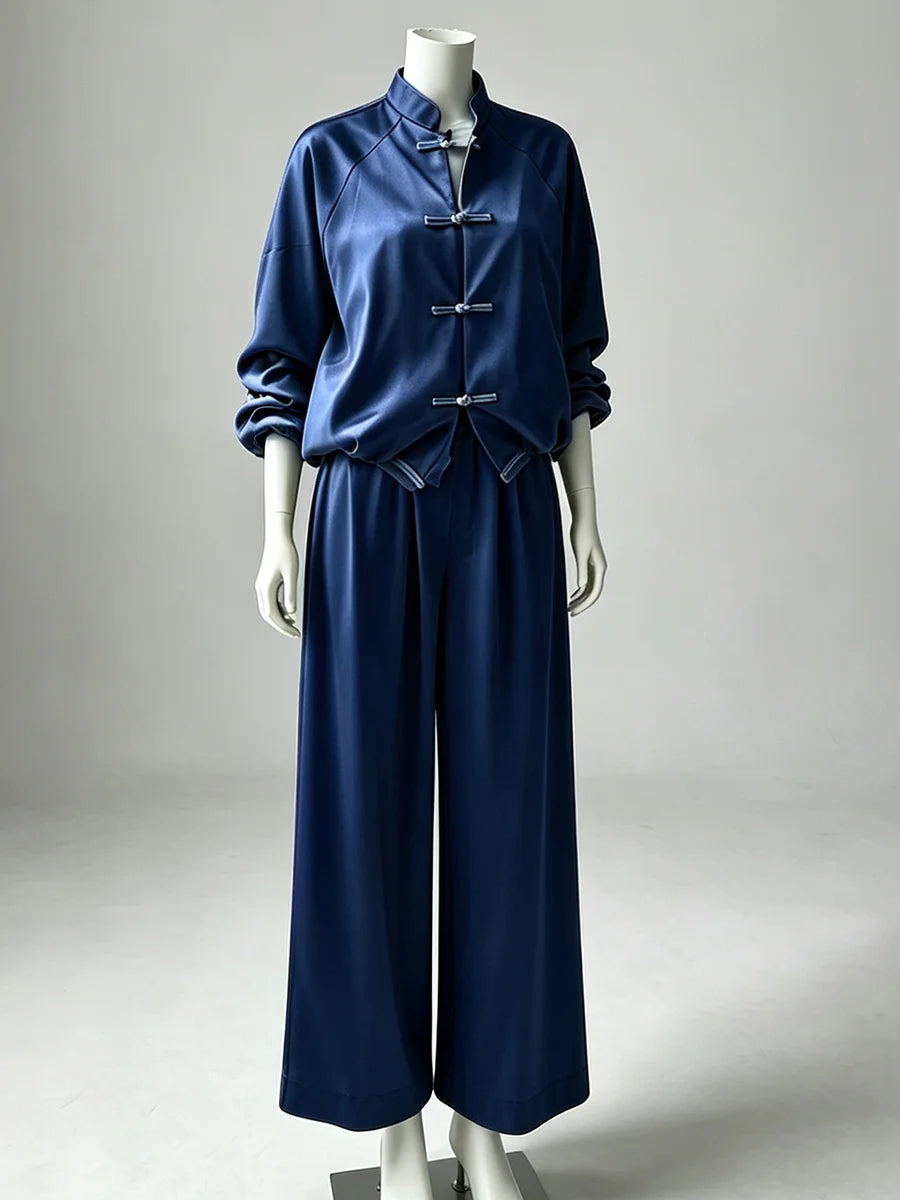LIMO 2026 Woman Elegant Chinese Knot Two-Piece Set: High-Neck Zip Top & Wide-Leg Pants, Loose Fit for Commuting & Casual Outings