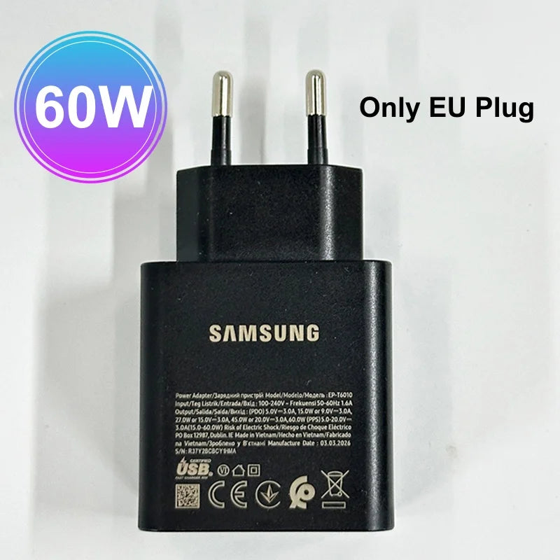 Original Samsung 60W PD Charger Super Fast Charger Type C Galaxy S26 S25 S24 S23 S22 Ultra Plus A16 A55 Z Fold 8 7 for iphone 17