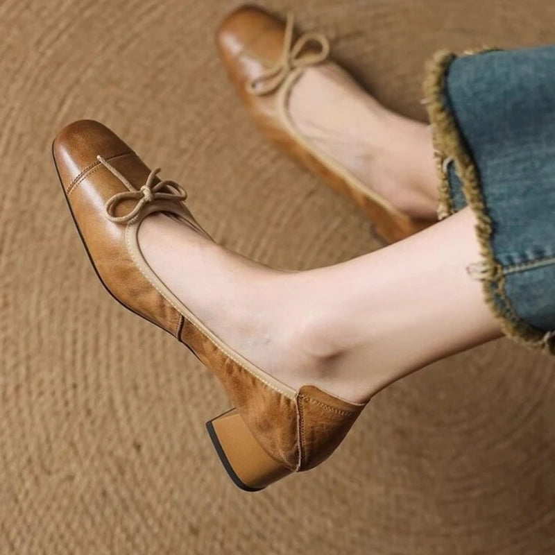 Fashionable French-style retro bow soft leather high-heeled shoes for women Spring 2026 squaretoe chunky heel sandals Size 35-42