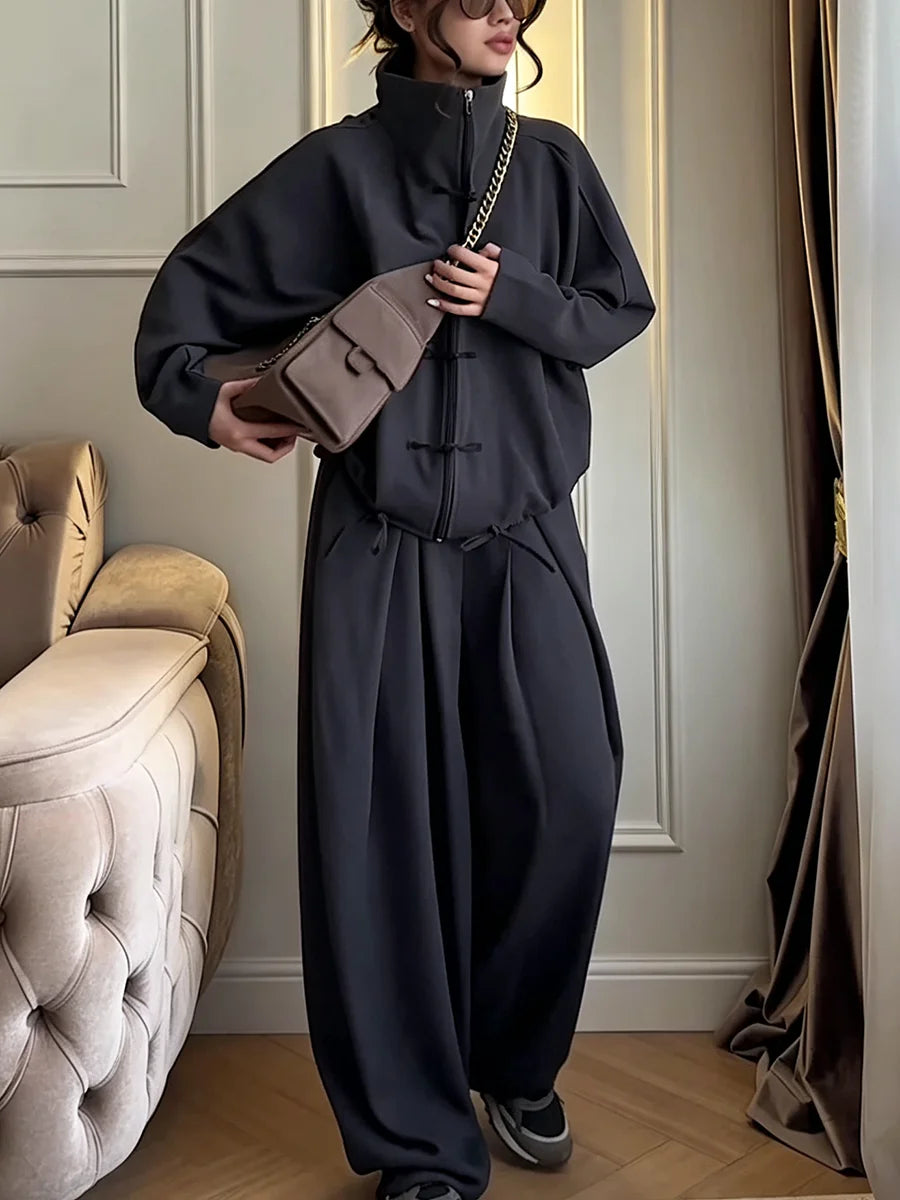 LIMO 2026 Woman Elegant Chinese Knot Two-Piece Set: High-Neck Zip Top & Wide-Leg Pants, Loose Fit for Commuting & Casual Outings