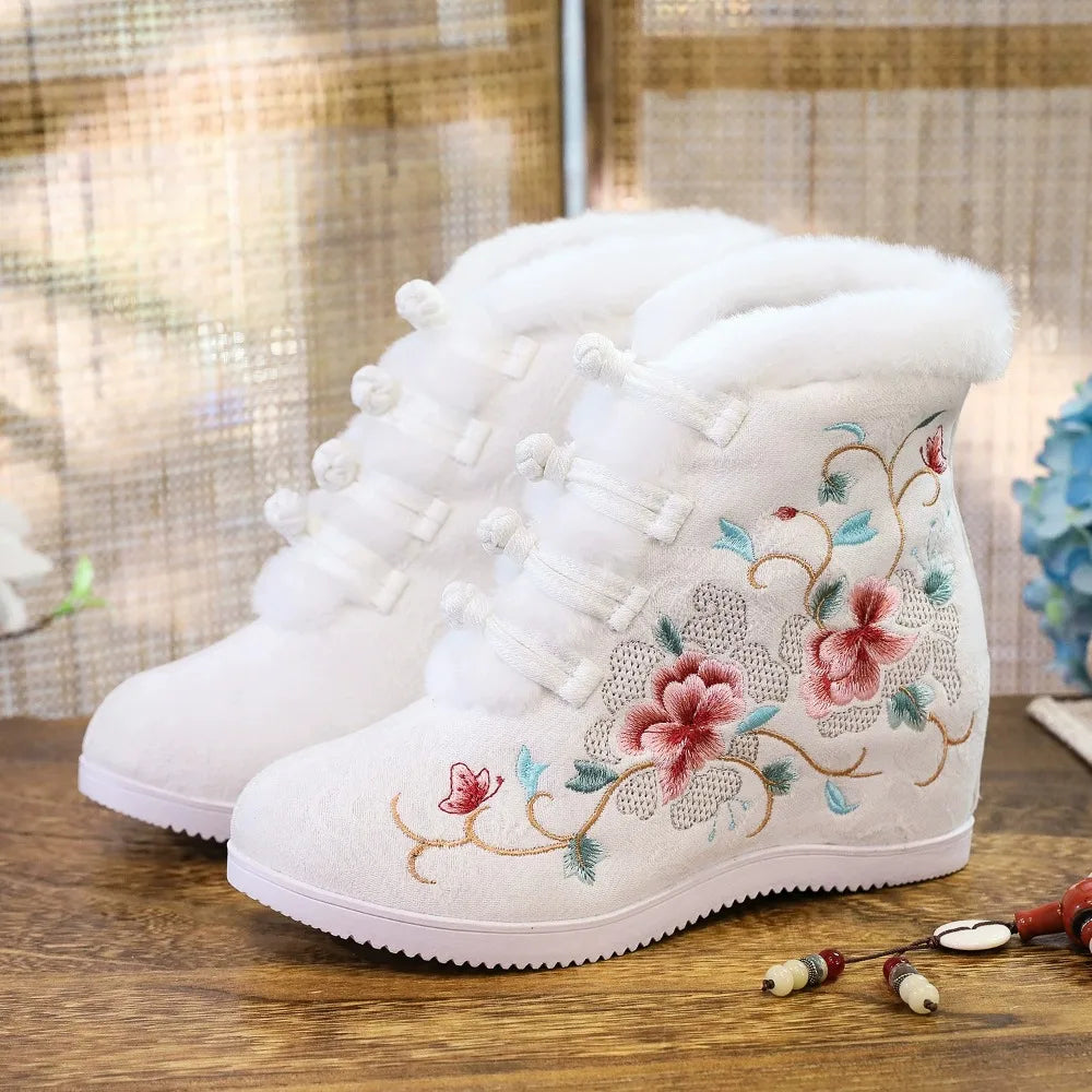 Casual Botas Mujer Embroidered Ethnic Hanfu Shoes Women Botines Ankle Boots Winter Warm Faux Fur Fairy Shoe Woman Zapatos Ladies