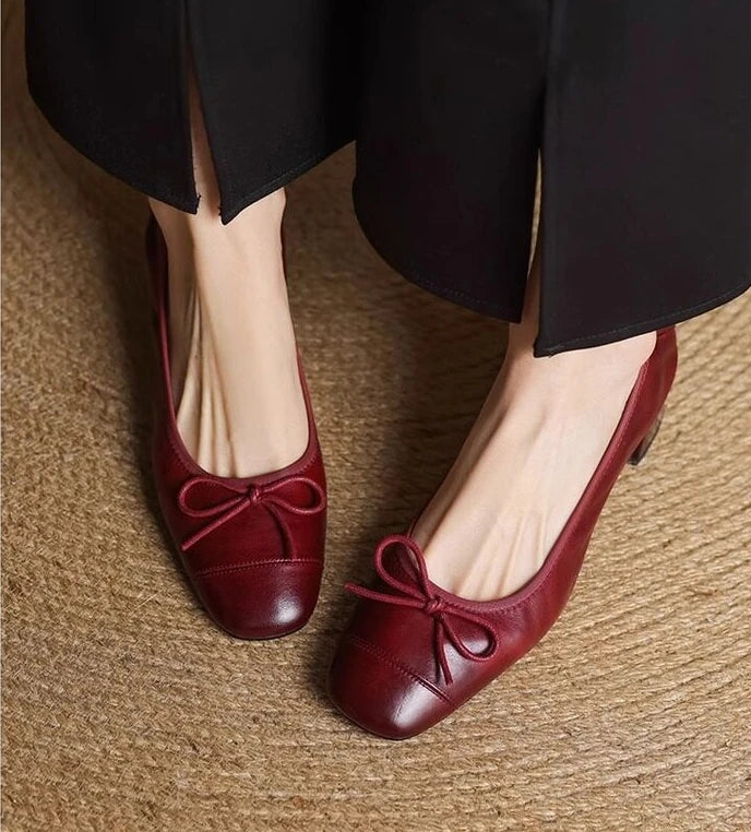 Fashionable French-style retro bow soft leather high-heeled shoes for women Spring 2026 squaretoe chunky heel sandals Size 35-42