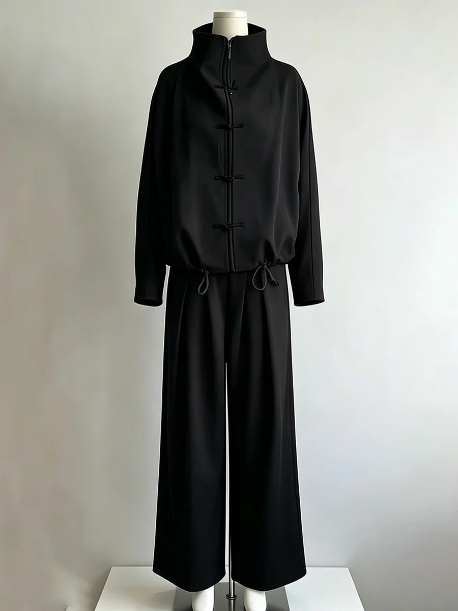 LIMO 2026 Woman Elegant Chinese Knot Two-Piece Set: High-Neck Zip Top & Wide-Leg Pants, Loose Fit for Commuting & Casual Outings