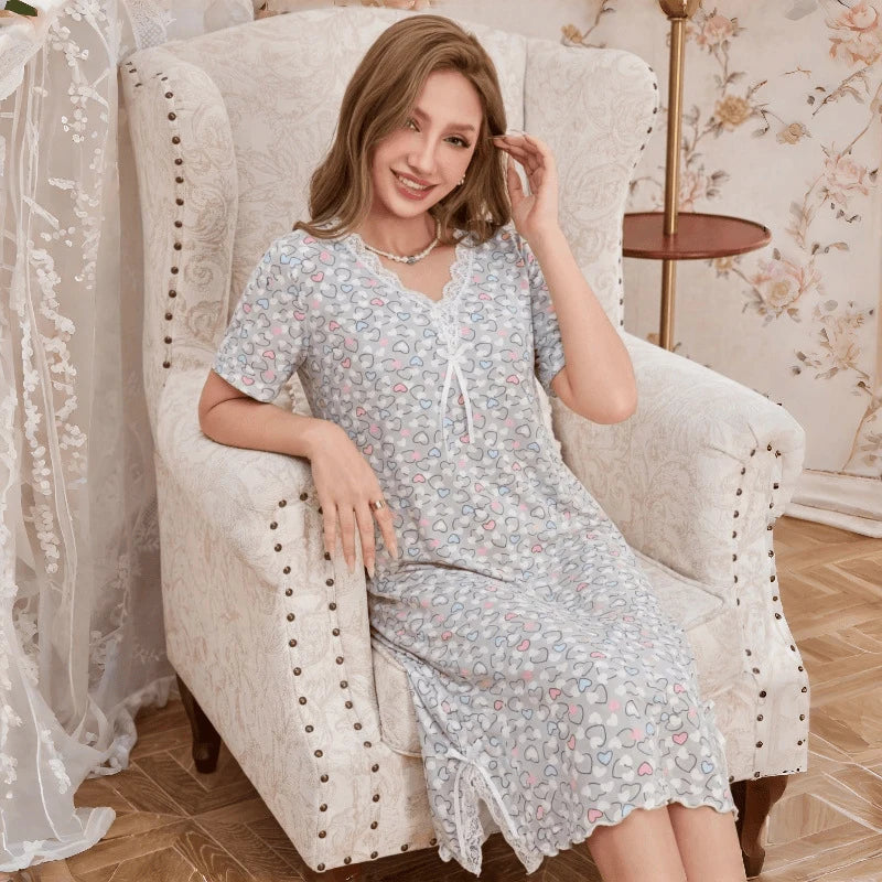 Summer Thin Nightgown Women's Loose Short-Sleeved V-Neck Dress Plus Size Home Wear Breathable and Comfortable Can Be Worn Outsid