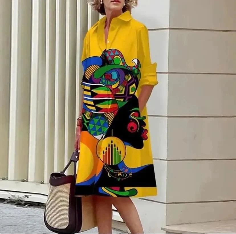 Summer New Women's Dresses Fashion Character Art Pattern Loose Large Size Casual Temperament Commuter Irregular Long Skirt Tops