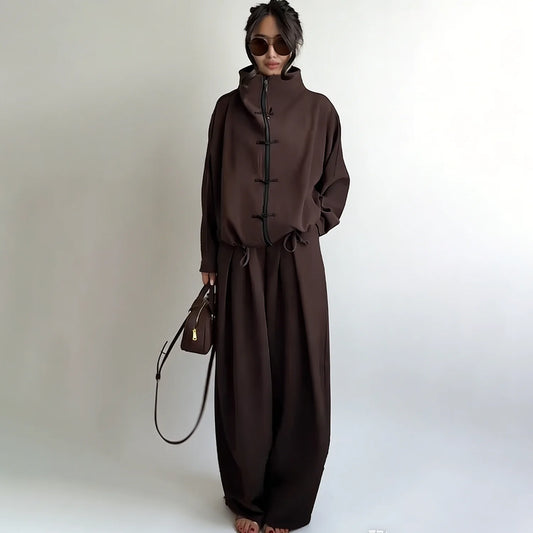 LIMO 2026 Woman Elegant Chinese Knot Two-Piece Set: High-Neck Zip Top & Wide-Leg Pants, Loose Fit for Commuting & Casual Outings