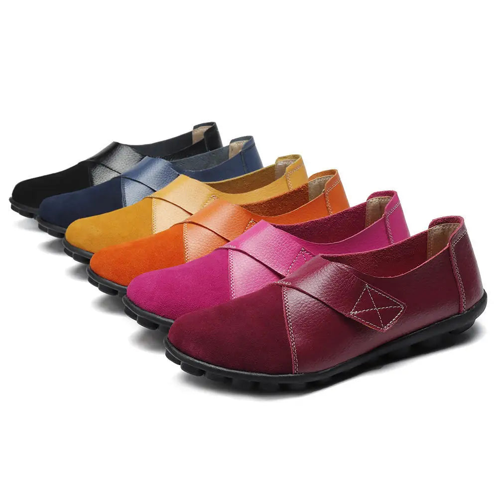 WOIZGIC Women's Female Mother Woman Genuine Leather Soft Shoes Flats Loafers Mocassin Boat Hook Loop De Mujer Big Size 42 43 44