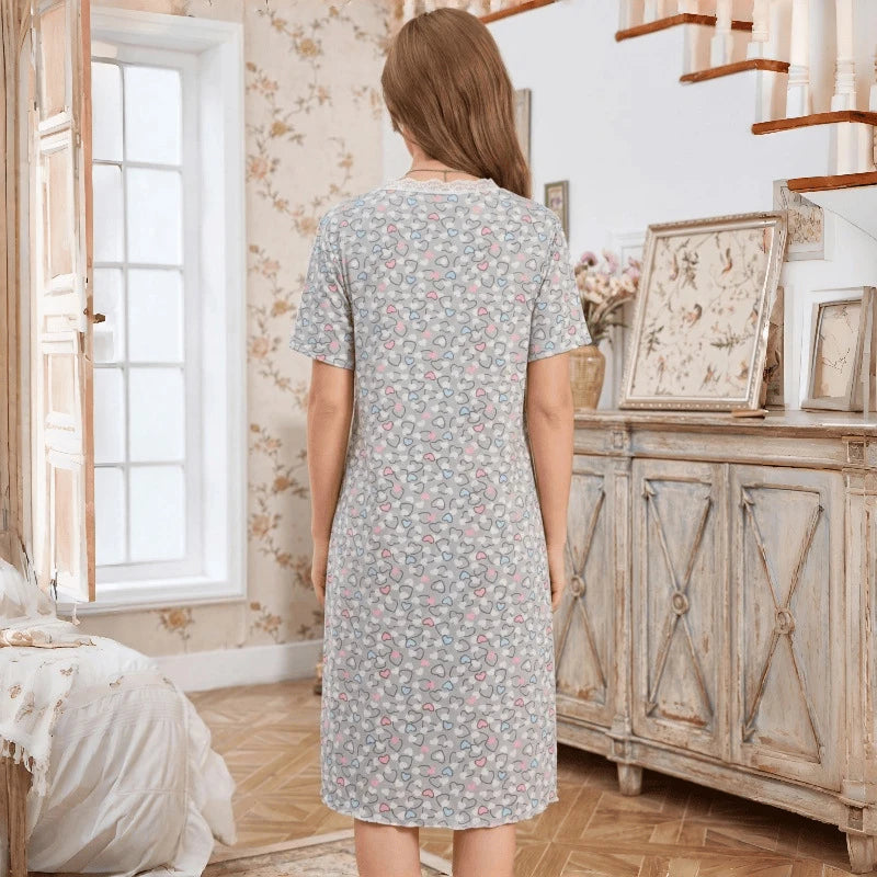Summer Thin Nightgown Women's Loose Short-Sleeved V-Neck Dress Plus Size Home Wear Breathable and Comfortable Can Be Worn Outsid