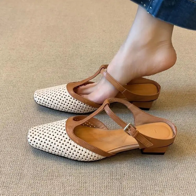 Women Mid Heels Slippers Fashion Square Toe Mules Shoes Heeled Sandals  Slingback Flip Flops New Pumps Dress Mujer Zapatos