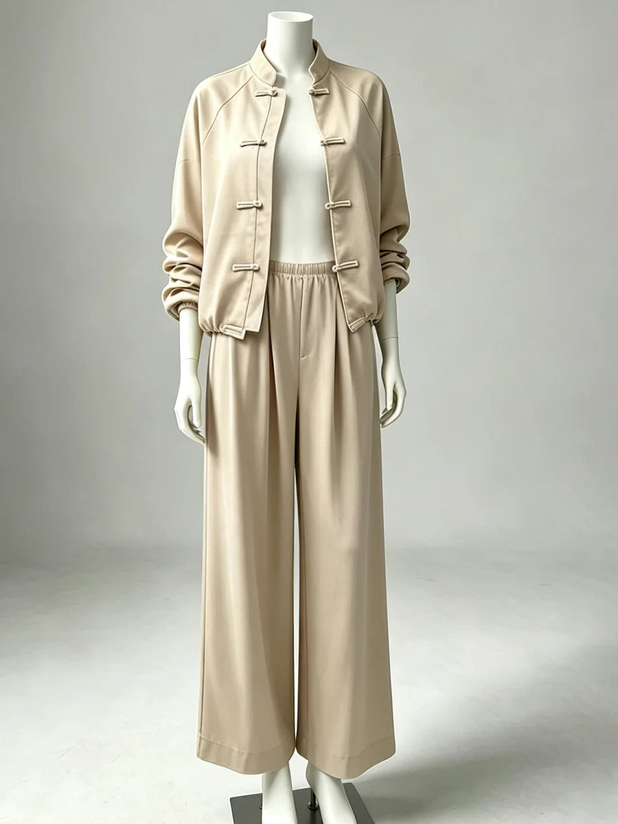 LIMO 2026 Woman Elegant Chinese Knot Two-Piece Set: High-Neck Zip Top & Wide-Leg Pants, Loose Fit for Commuting & Casual Outings