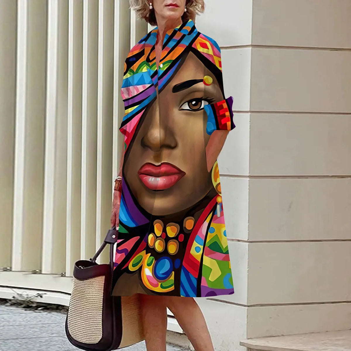 Summer New Women's Dresses Fashion Character Art Pattern Loose Large Size Casual Temperament Commuter Irregular Long Skirt Tops